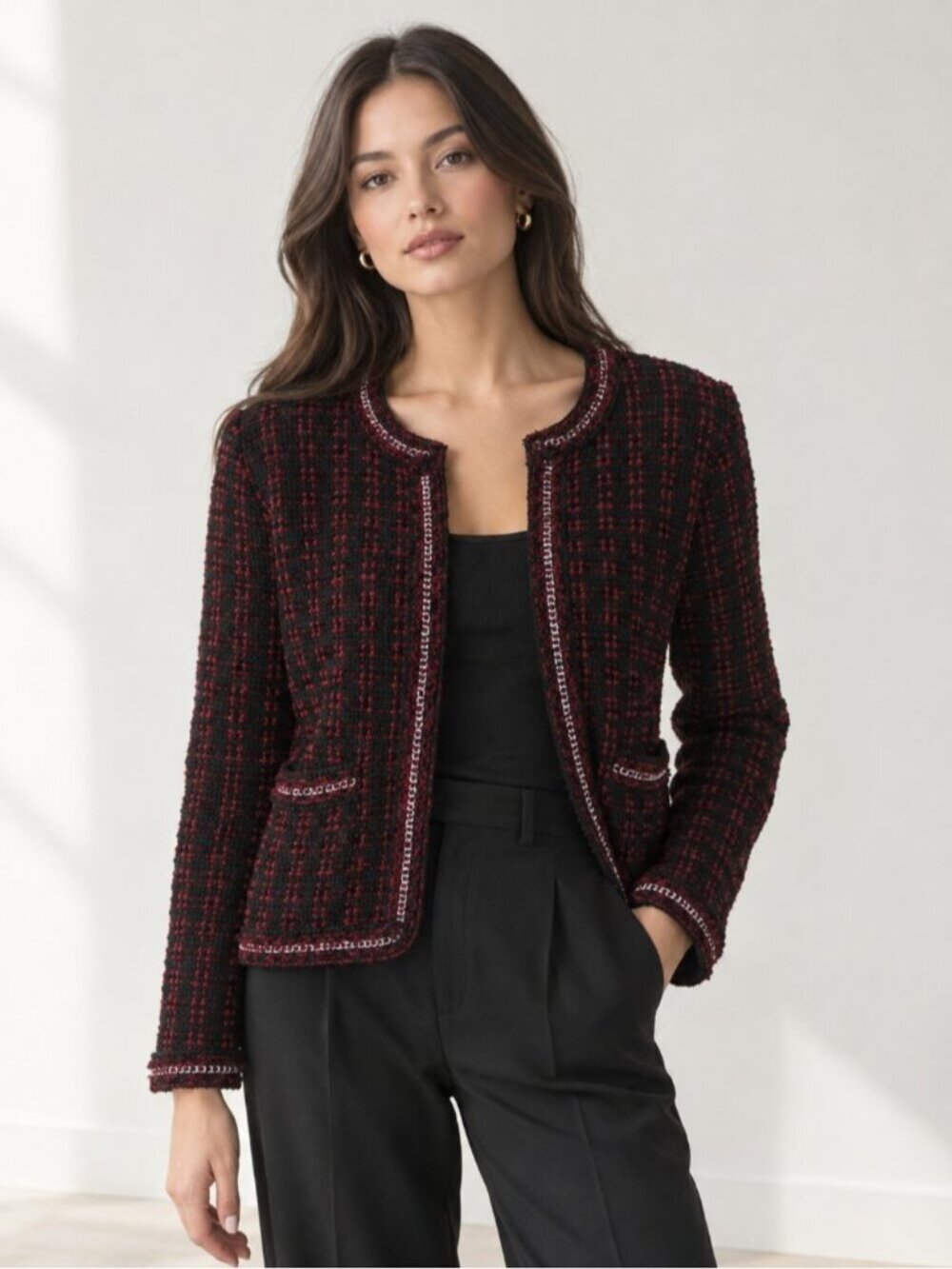 Alice + Olivia Georgia Black Red Tweed Chain-Trim Sweater Jacket Cardigan 0885